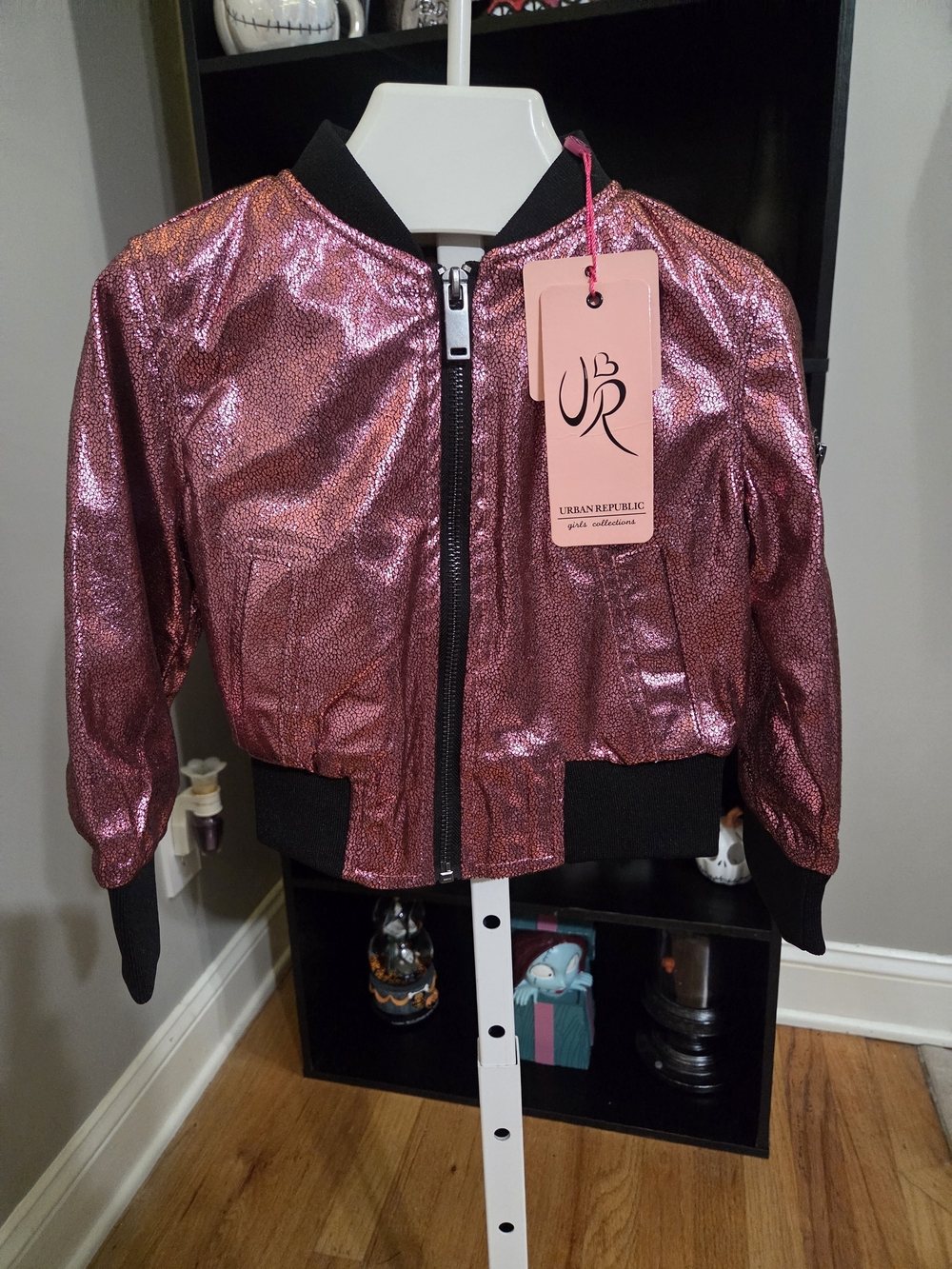 Urban Republic Metallic Rose Pink Bomber Jacket with Black Trim